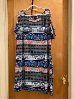 Wrapper Blue, Coral and Black Printed Midi Dress